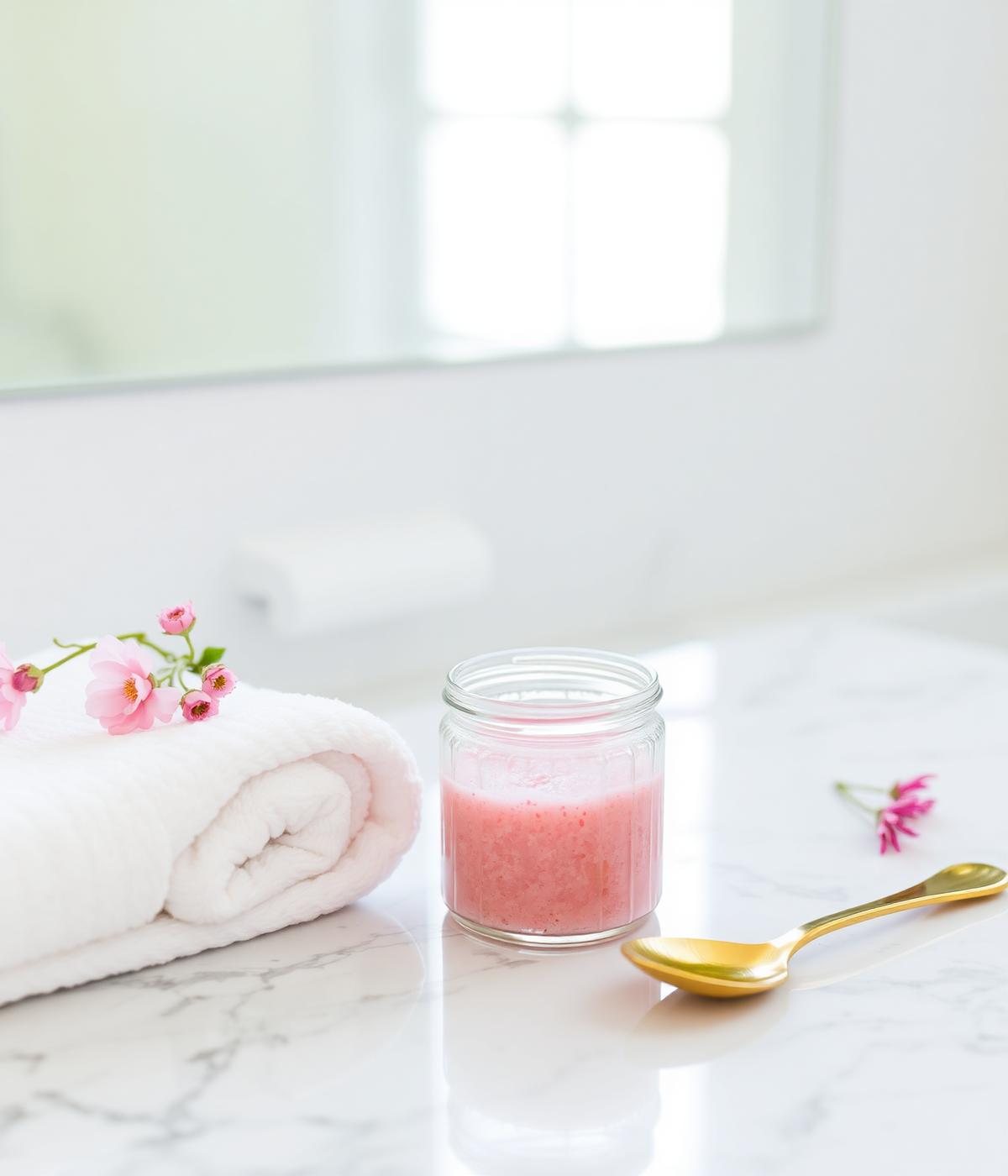 Pink sugar scrub in a bright bathroom